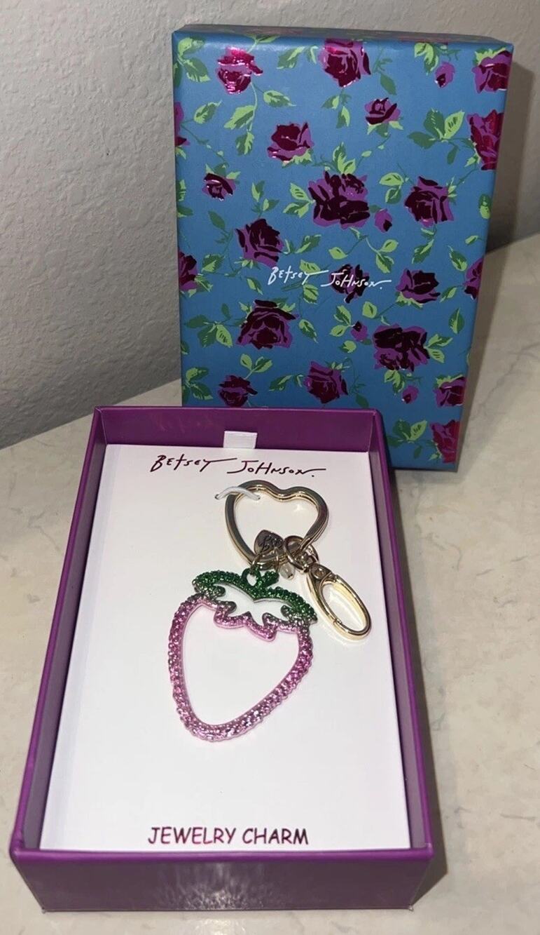 Betsey Johnson Green & Pink Ombre Open Frame Strawberry Bag Charm Key Ring NWT
